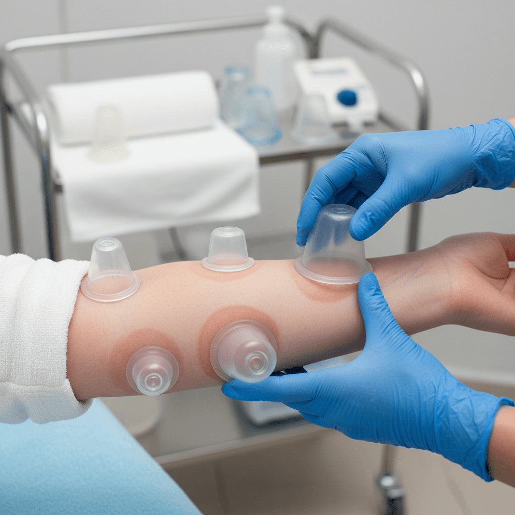 Cupping therapy cups placed on a patient's forearm