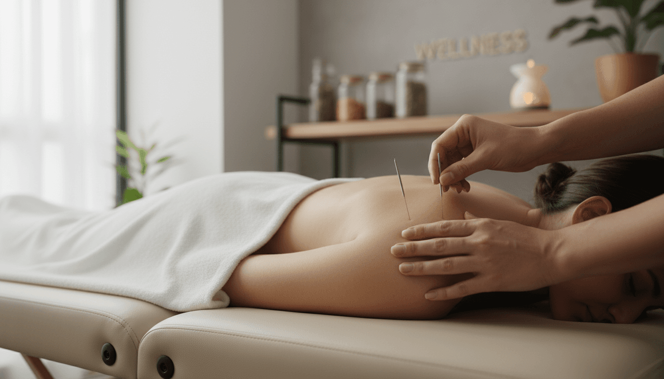 Close-up of a dry needling session on a patient's shoulder