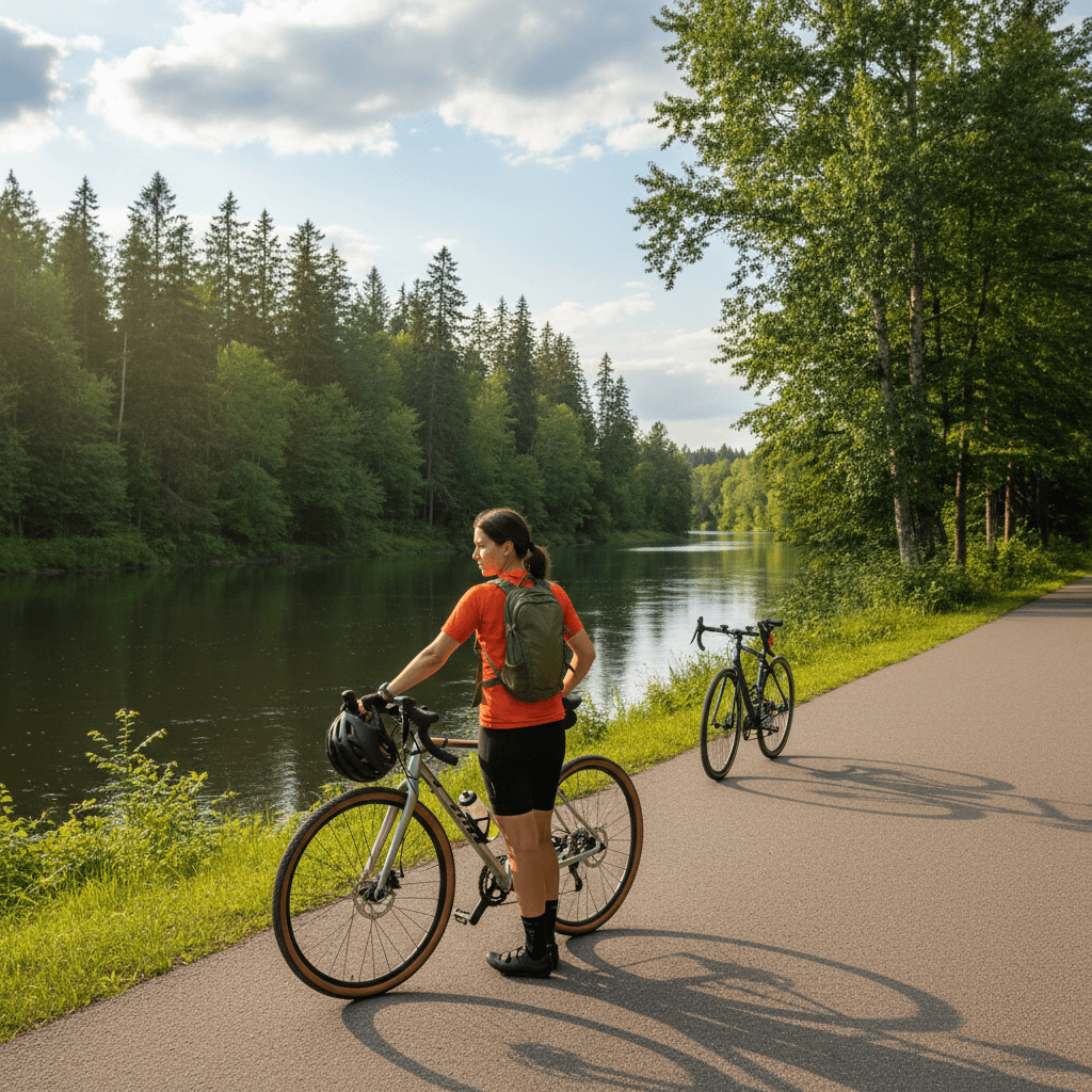 Cyclist on a paved trail near a river in Fort Collins