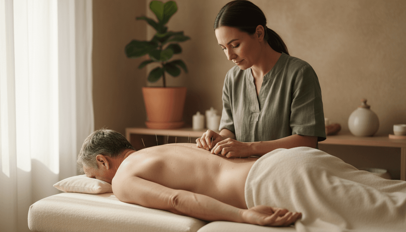 Patient receiving acupuncture for lower back pain on a clinic table