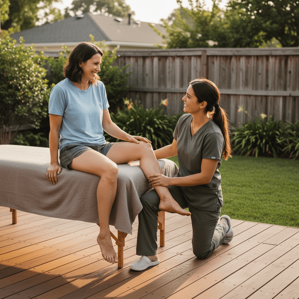 Therapist performing manual therapy on patient's lower leg outdoors