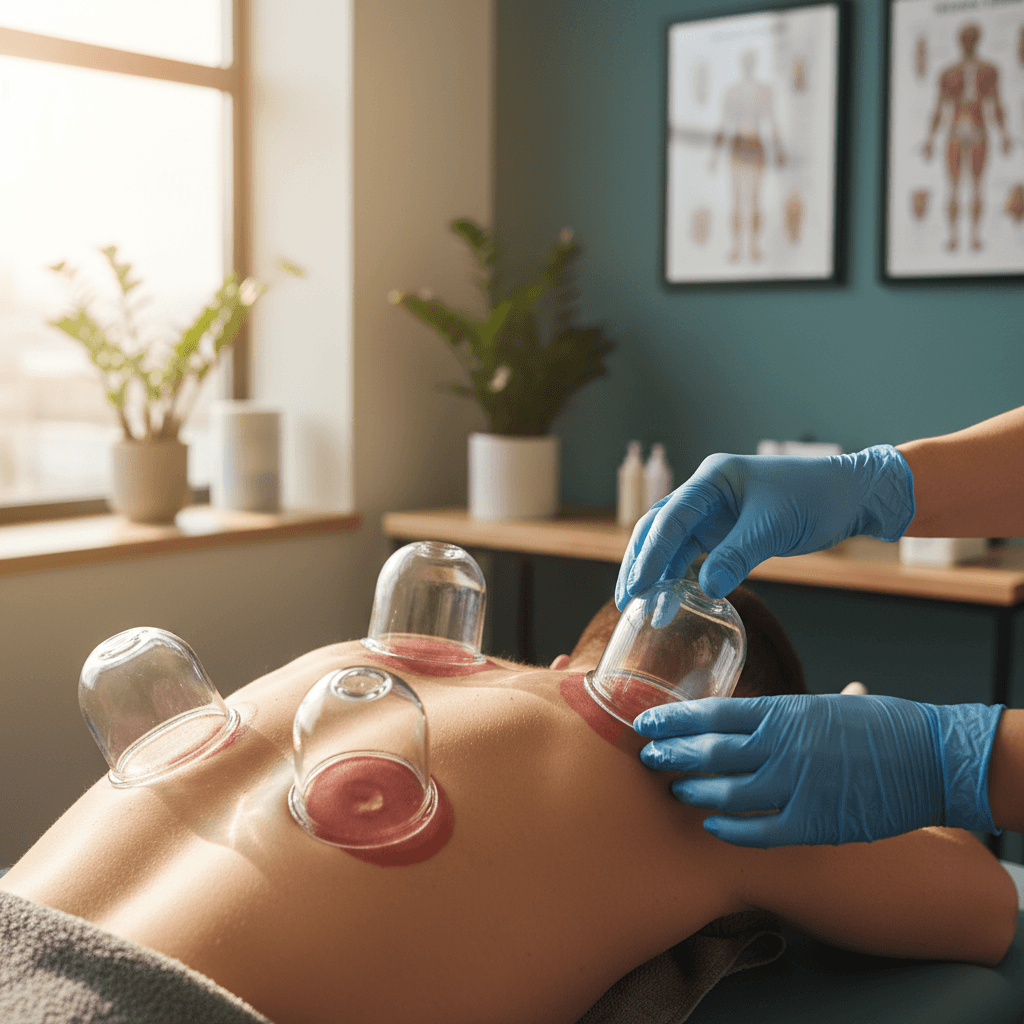 Cupping therapy cups placed on a patient's upper back in a calm clinic