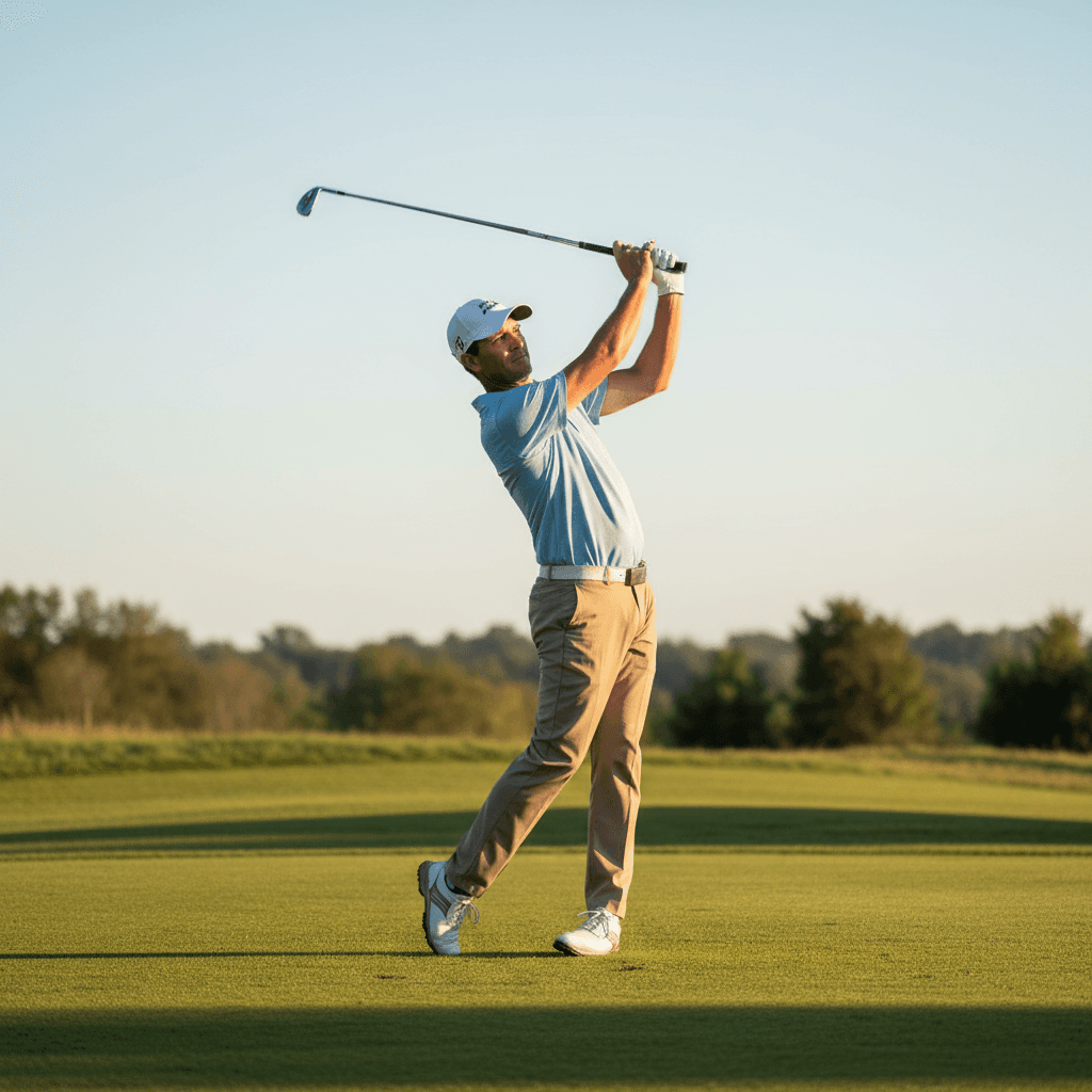 Golfer in mid-swing demonstrating performance optimization