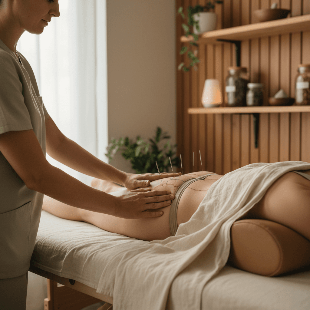 Acupuncturist treating sciatic pain on patient's hip