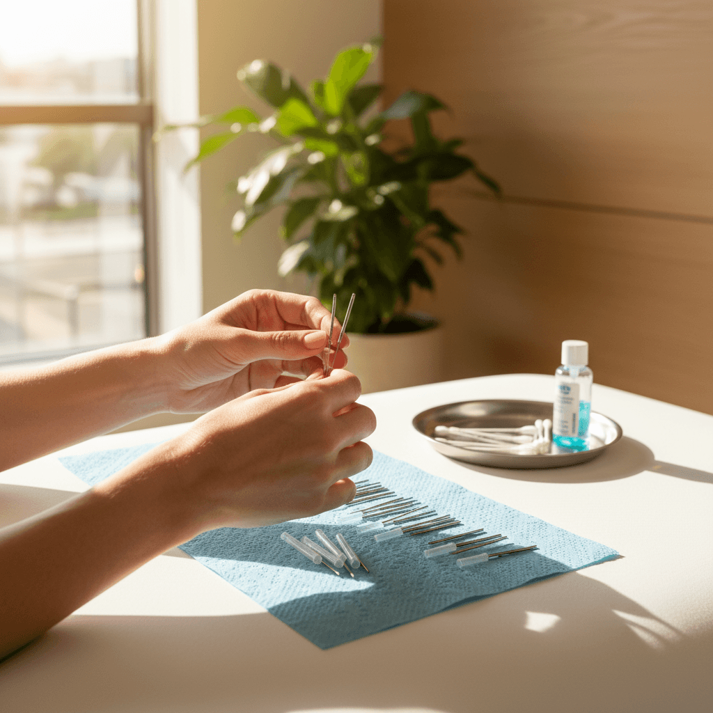 Close-up of acupuncture needles being prepared on a treatment table