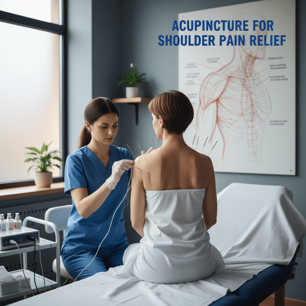 Acupuncture needles around a patient's shoulder joint