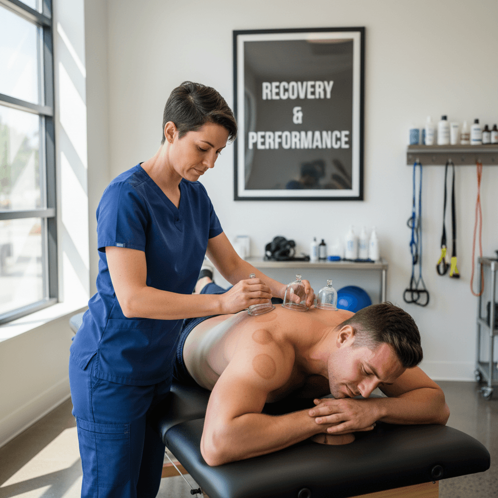Cupping therapy treatment on a patient's shoulder in a sports medicine clinic