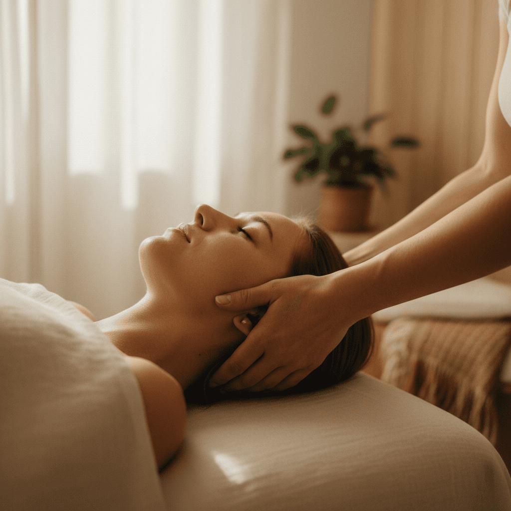 Close-up of hands performing myofascial release therapy on a patient's shoulder