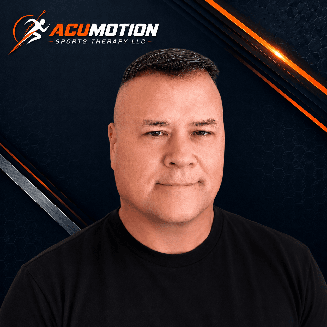 Portrait of a man in a black shirt with the Acumotion Sports Therapy logo.