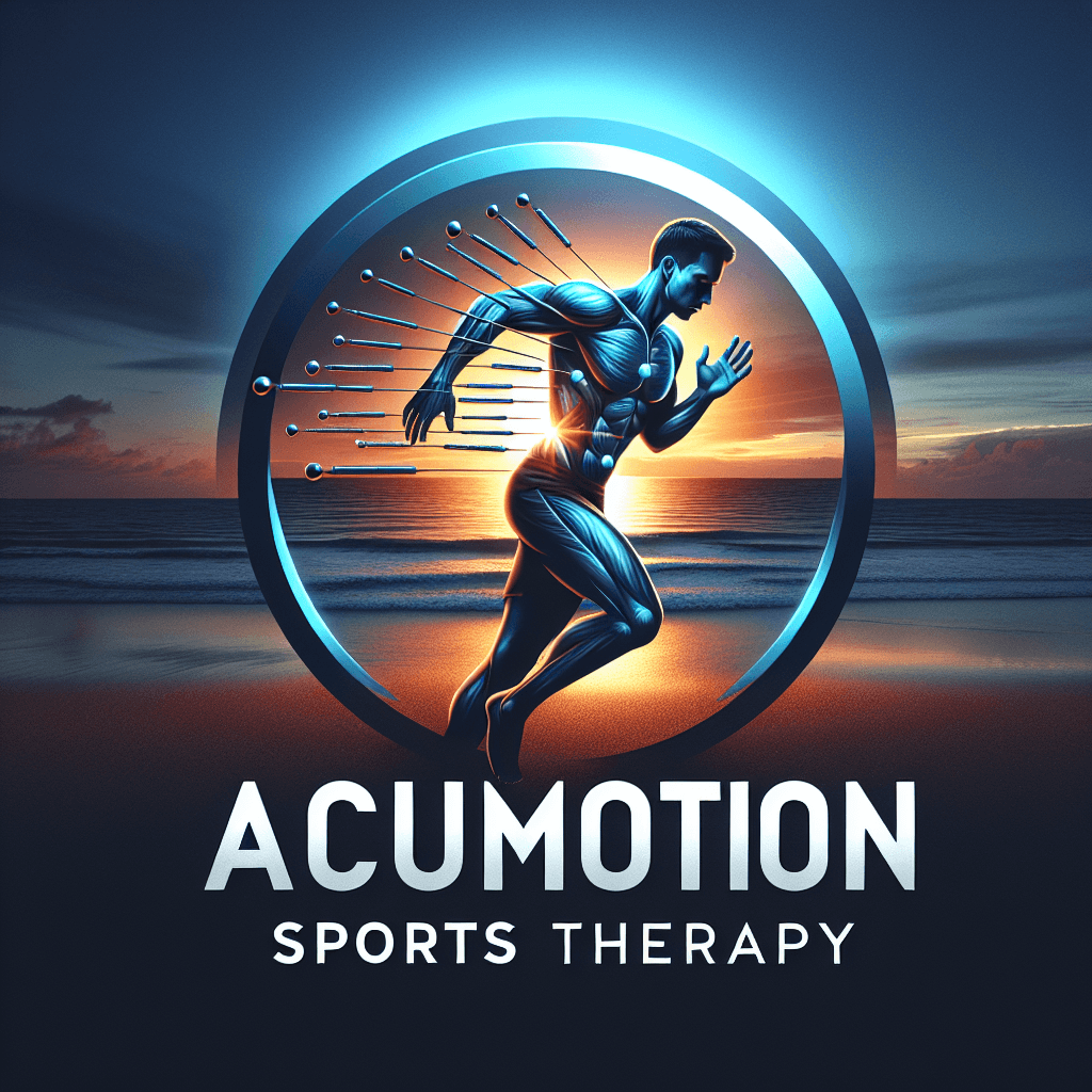 Muscular runner with acupuncture needles, framed by a sunset beach for Acumotion Sports Therapy.