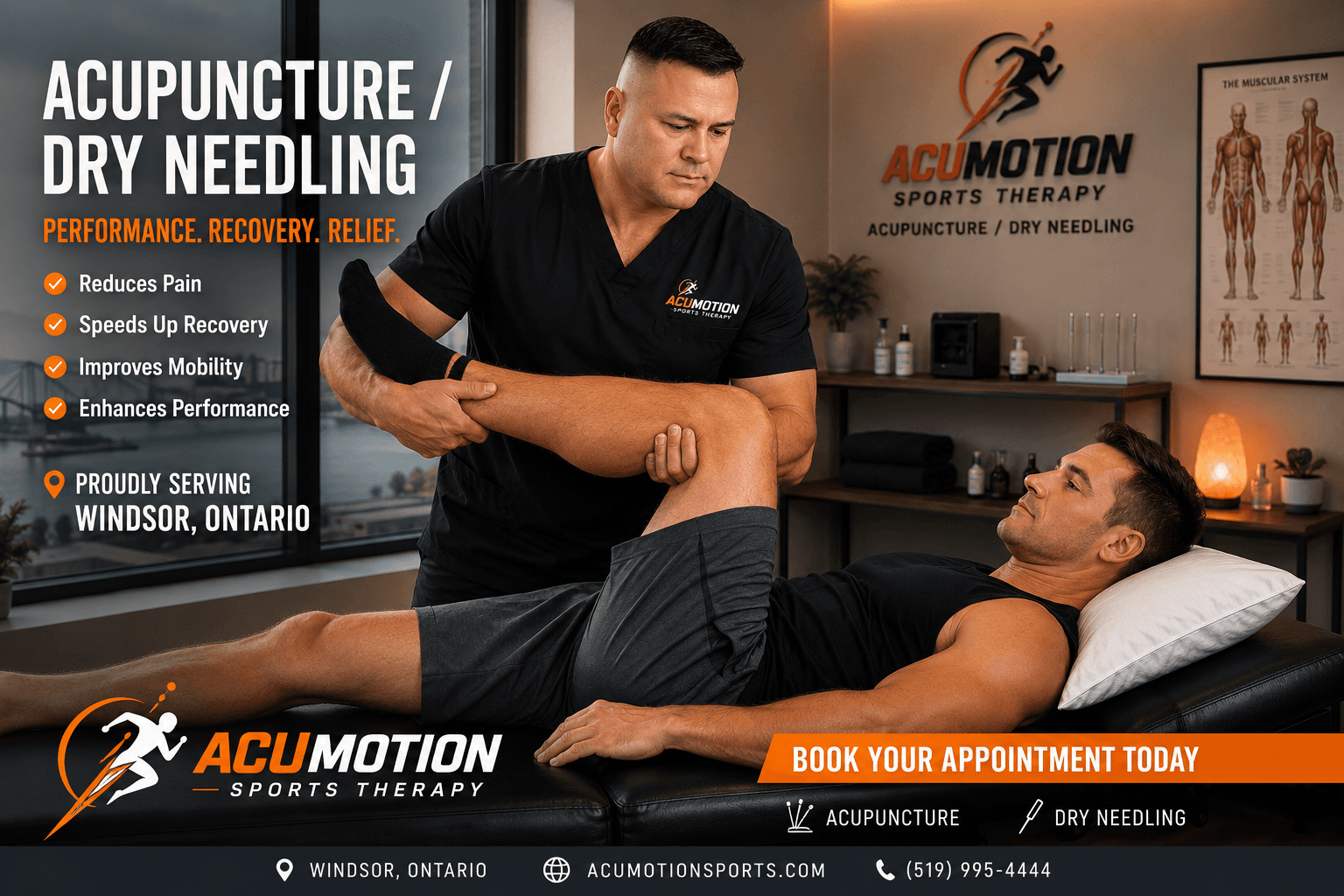 Therapist stretching a patient's leg at AcuMotion Sports Therapy for acupuncture and dry needling.
