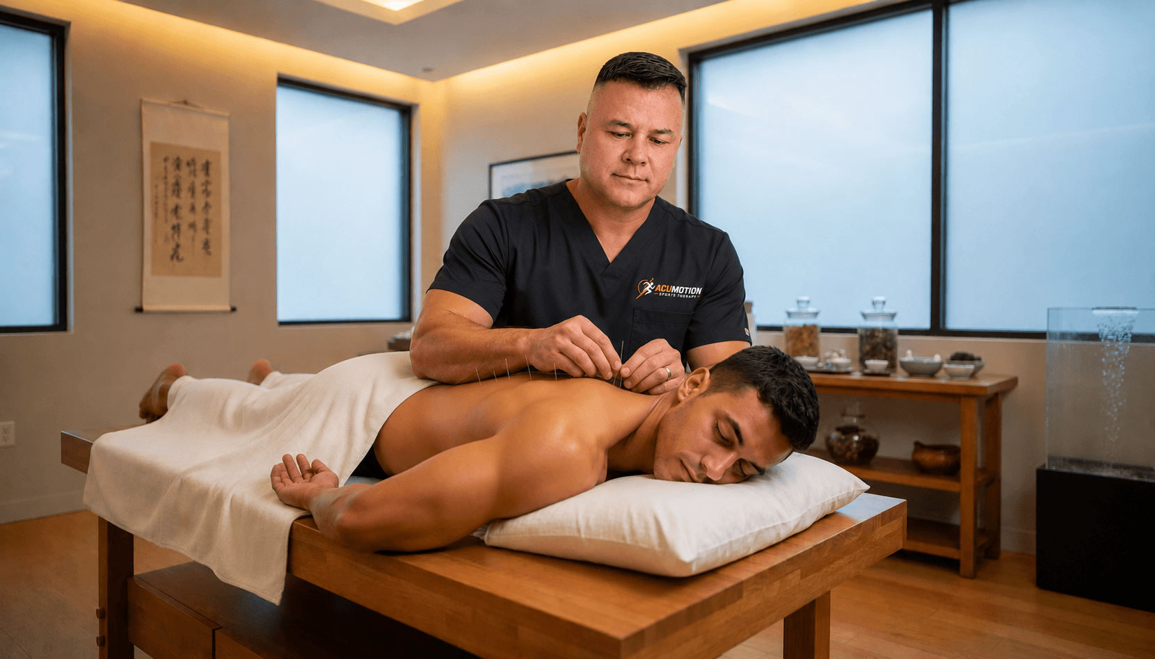 Male practitioner performing acupuncture on a man's back in a modern sports therapy clinic.