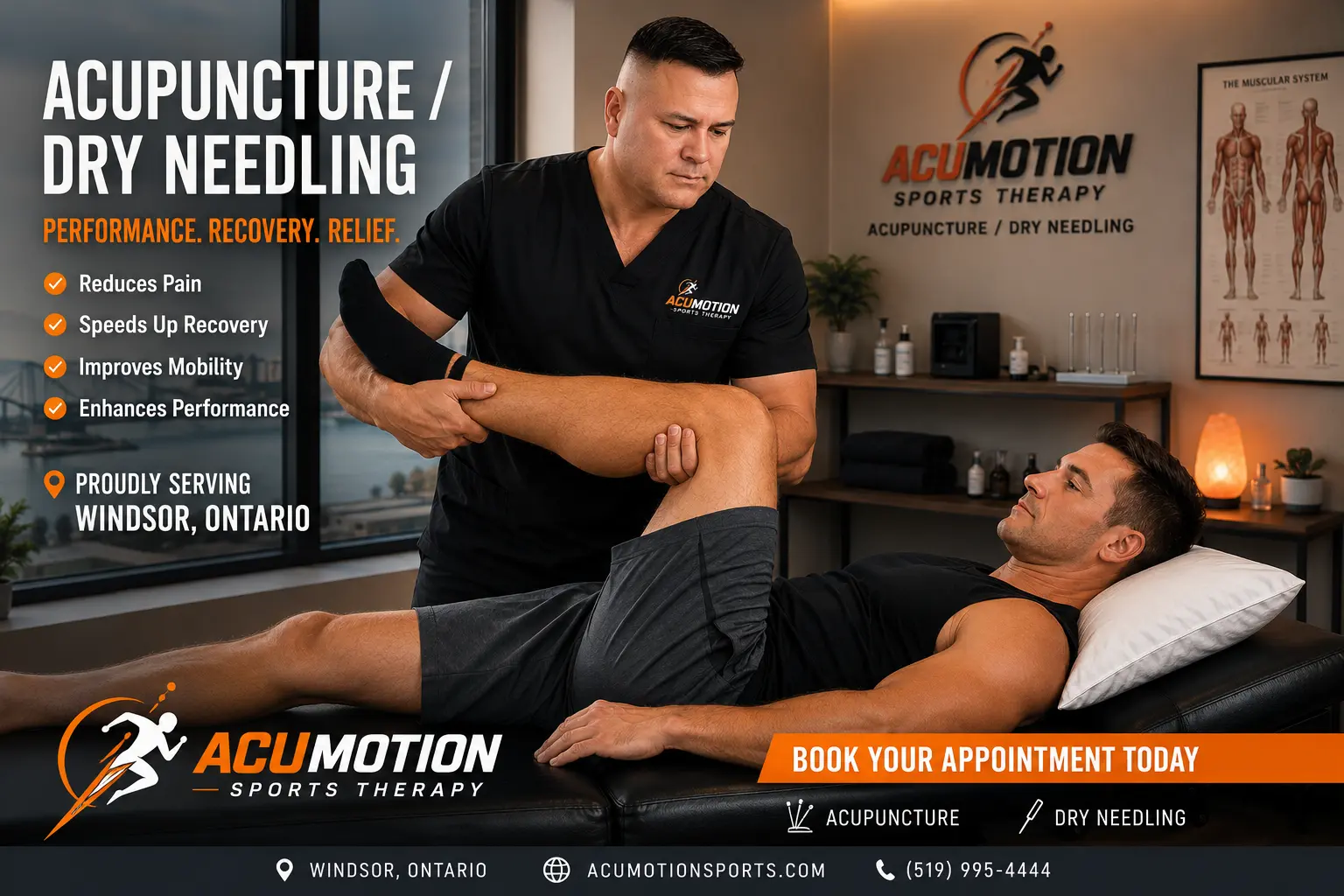 Therapist performing a leg stretch on a patient at Acumotion Sports Therapy clinic in Windsor.