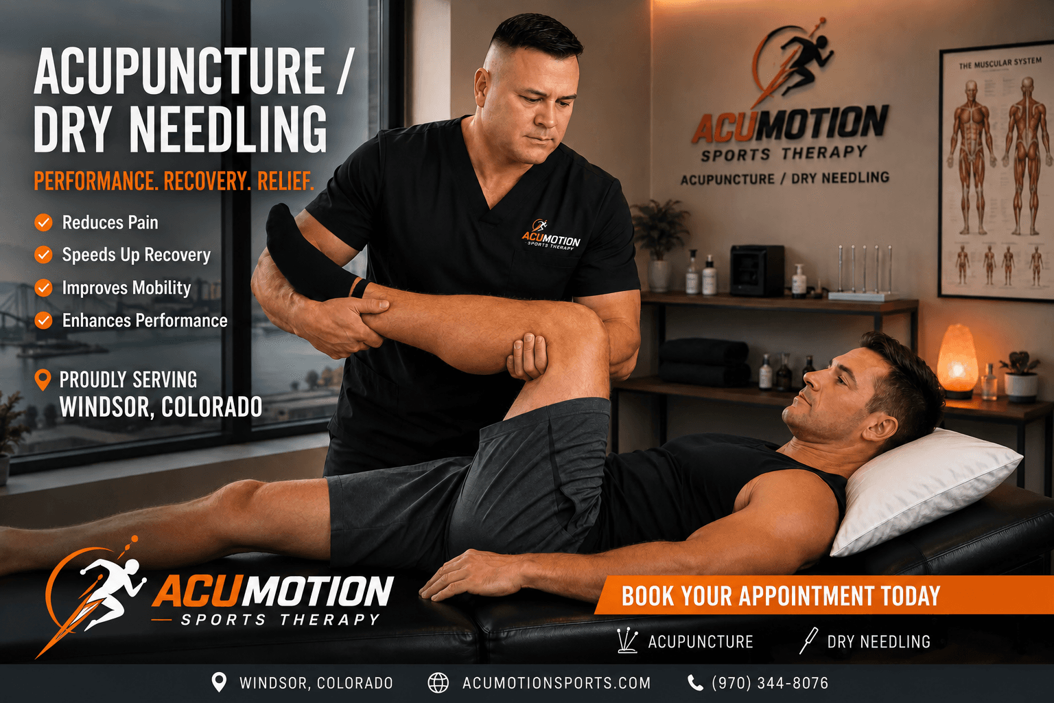 Therapist stretching a patient's leg at Acumotion Sports Therapy clinic in Windsor, Colorado.
